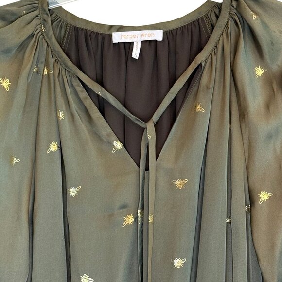 Harper Wren Hunter Green Drop Waist Dress with Gold Metallic Bees - Size Small - Picture 2 of 9
